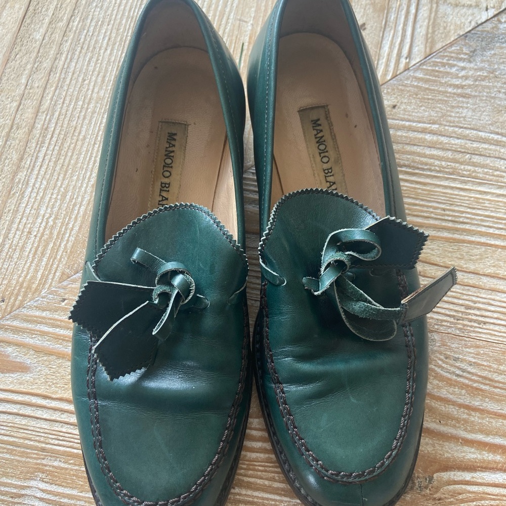 Dark green leather Manolo Blahnik loafers